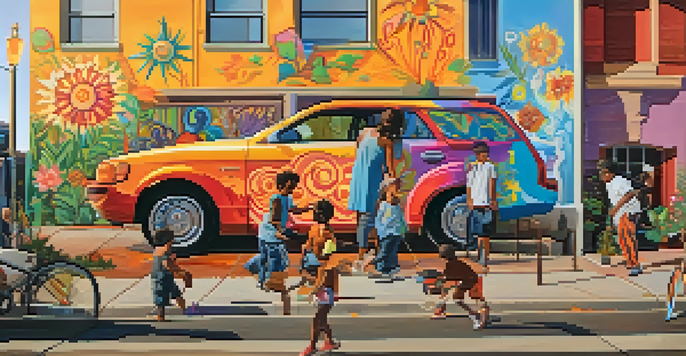 A community mural being painted by diverse individuals, with a sunset in the background highlighting their collaborative efforts.