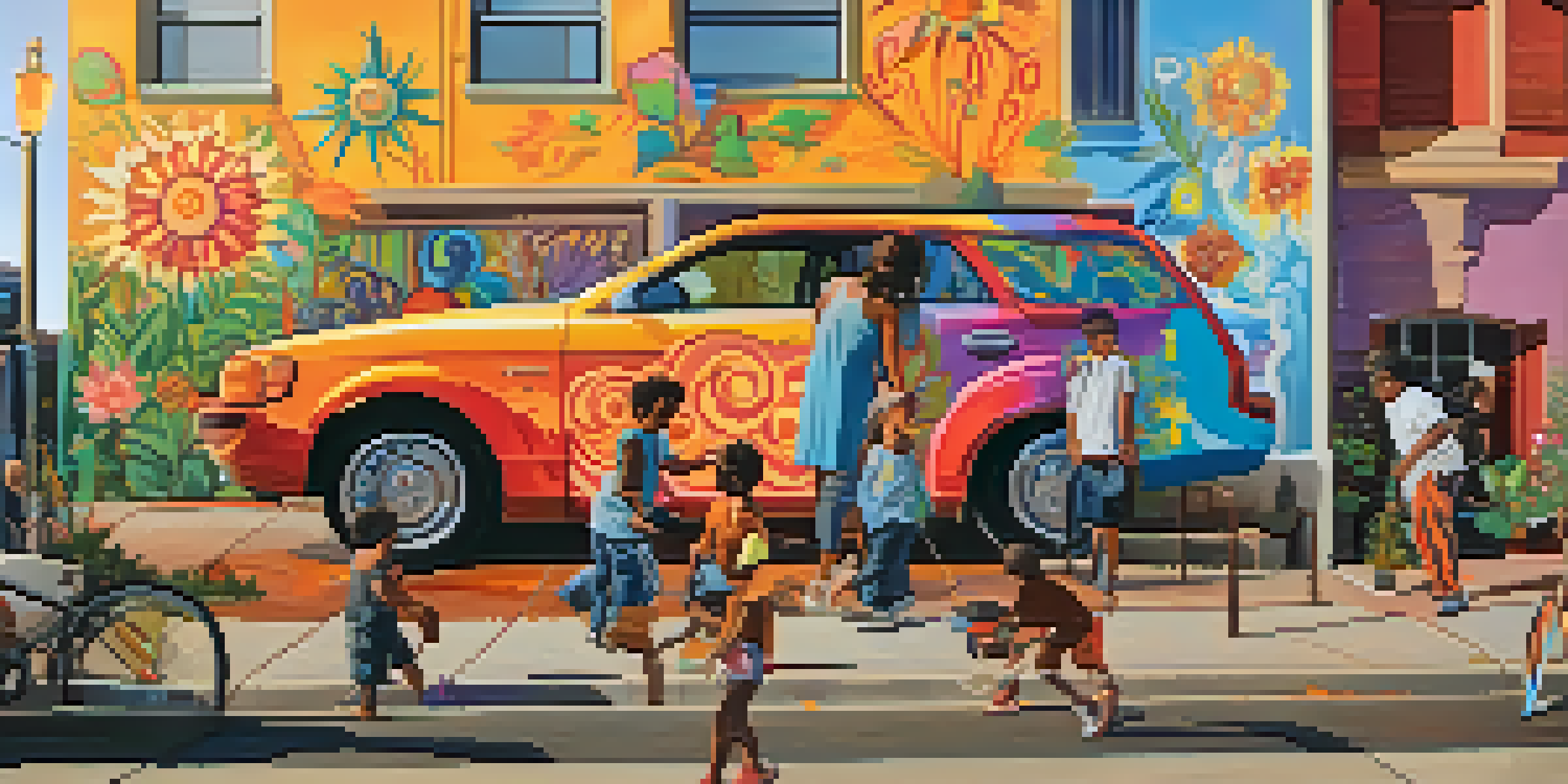 A community mural being painted by diverse individuals, with a sunset in the background highlighting their collaborative efforts.