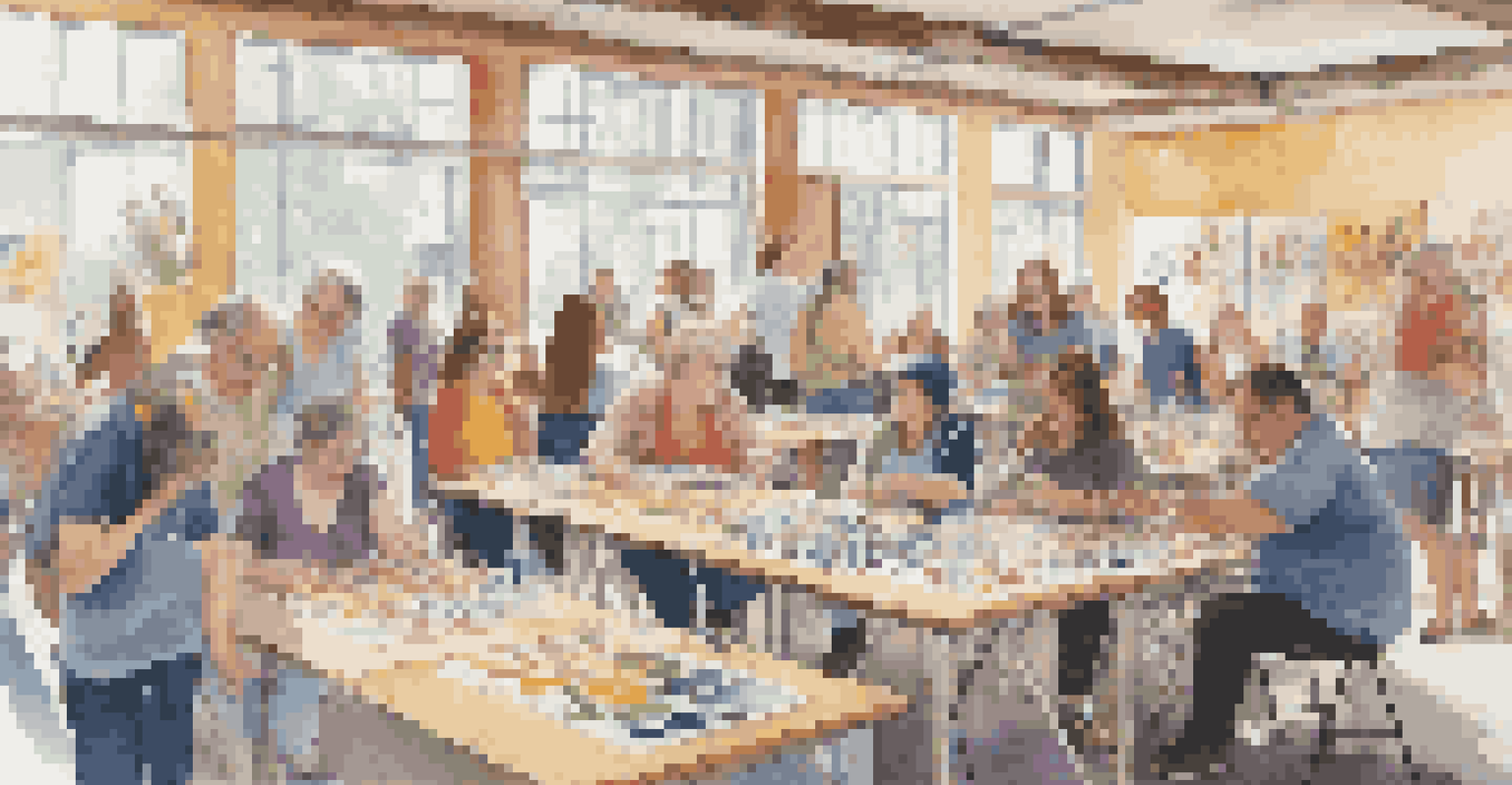 A workshop scene at an art festival with diverse participants creating art together, surrounded by colorful artwork and natural light.