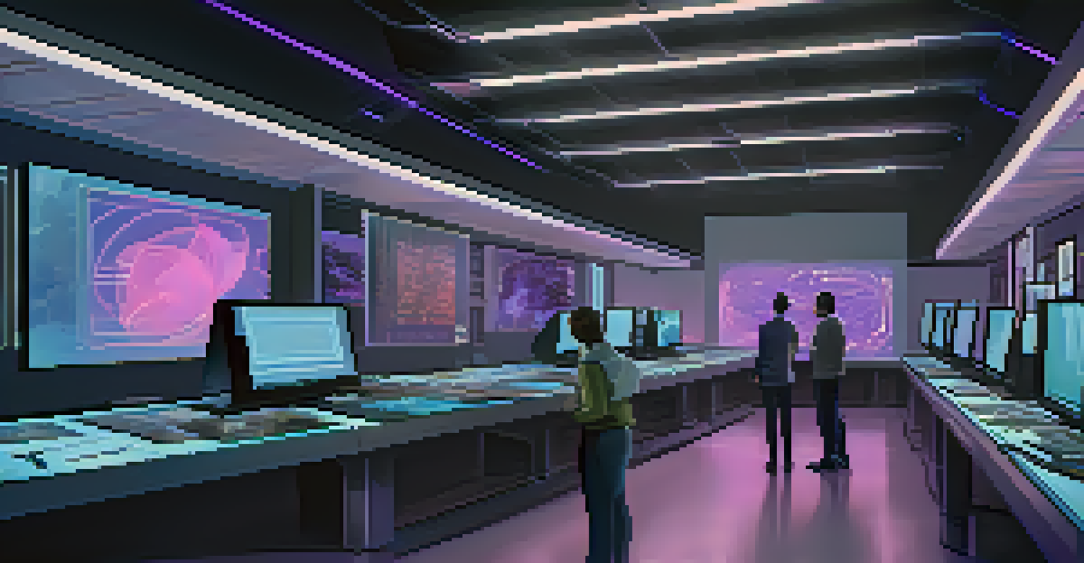 A futuristic digital archive room with holographic displays and archivists collaborating on digital art preservation.