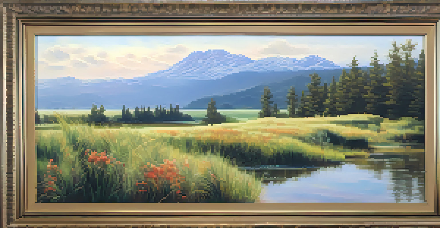 A close-up of an ornate frame holding a serene landscape painting, illuminated by soft lighting.