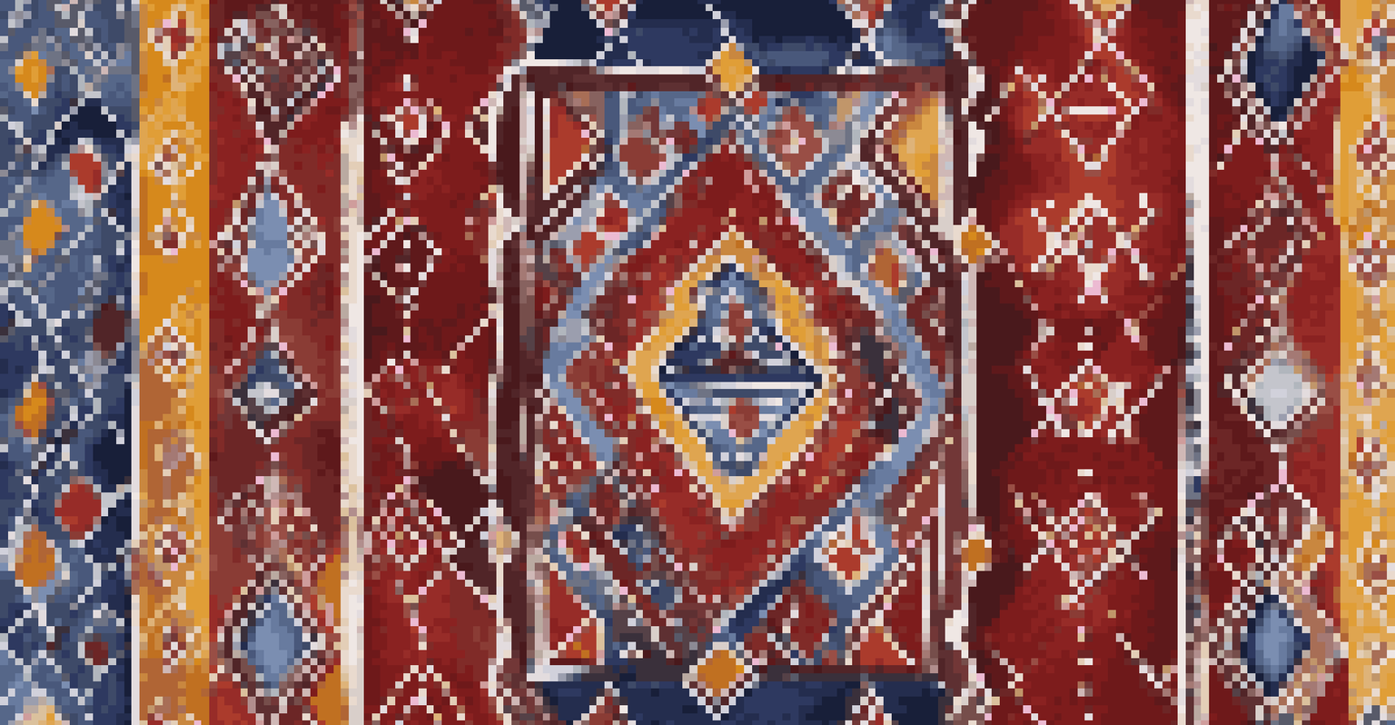 A close-up of vibrant traditional textile patterns in rich colors, highlighting intricate geometric designs and textures.