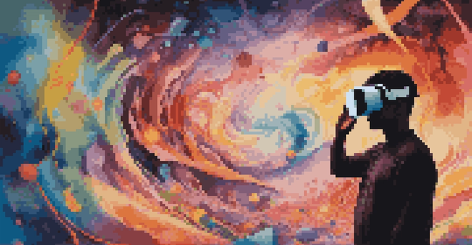 A person experiencing a colorful 3D virtual reality art installation with a headset, surrounded by abstract shapes and glowing elements.