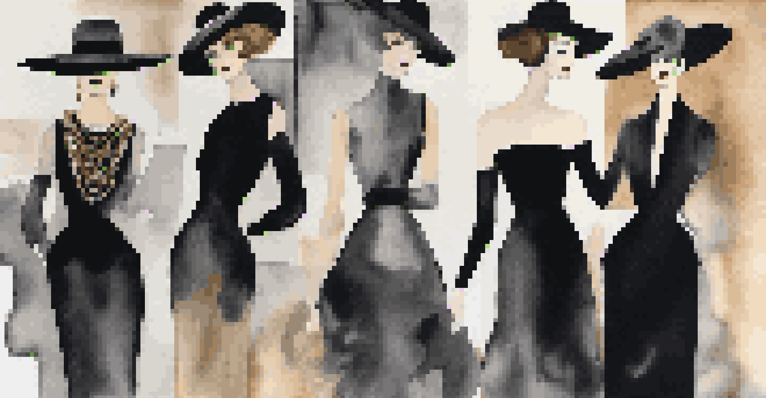 A collage of iconic fashion designs by Coco Chanel and Yves Saint Laurent, set against a background inspired by Impressionism and Abstract Expressionism.