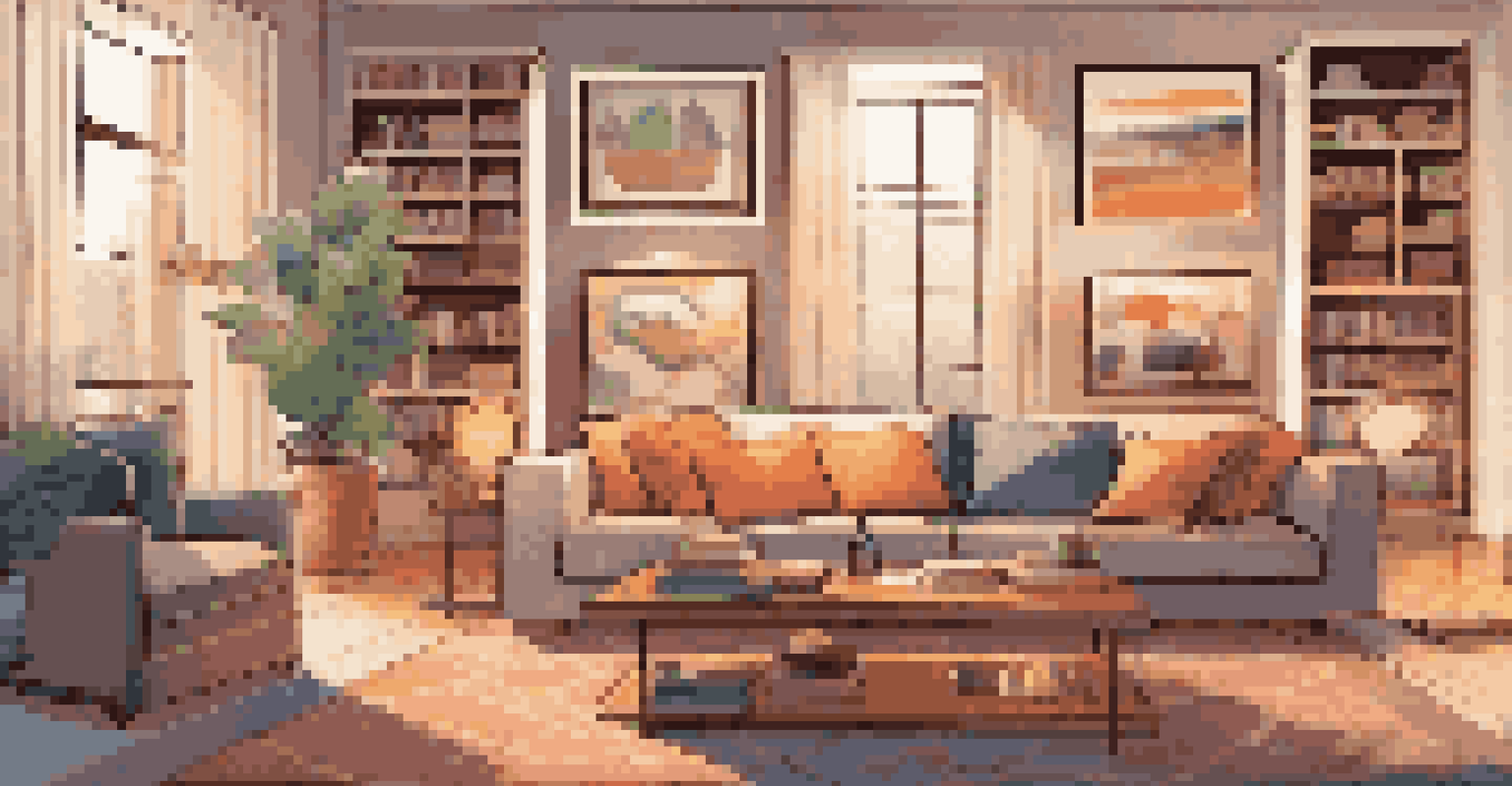 A cozy living room showcasing a diverse art collection, with abstract art on the walls and a warm, inviting ambiance.
