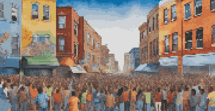 A colorful street mural showing a diverse group of people peacefully protesting for justice and equality, with graffiti art in the background.