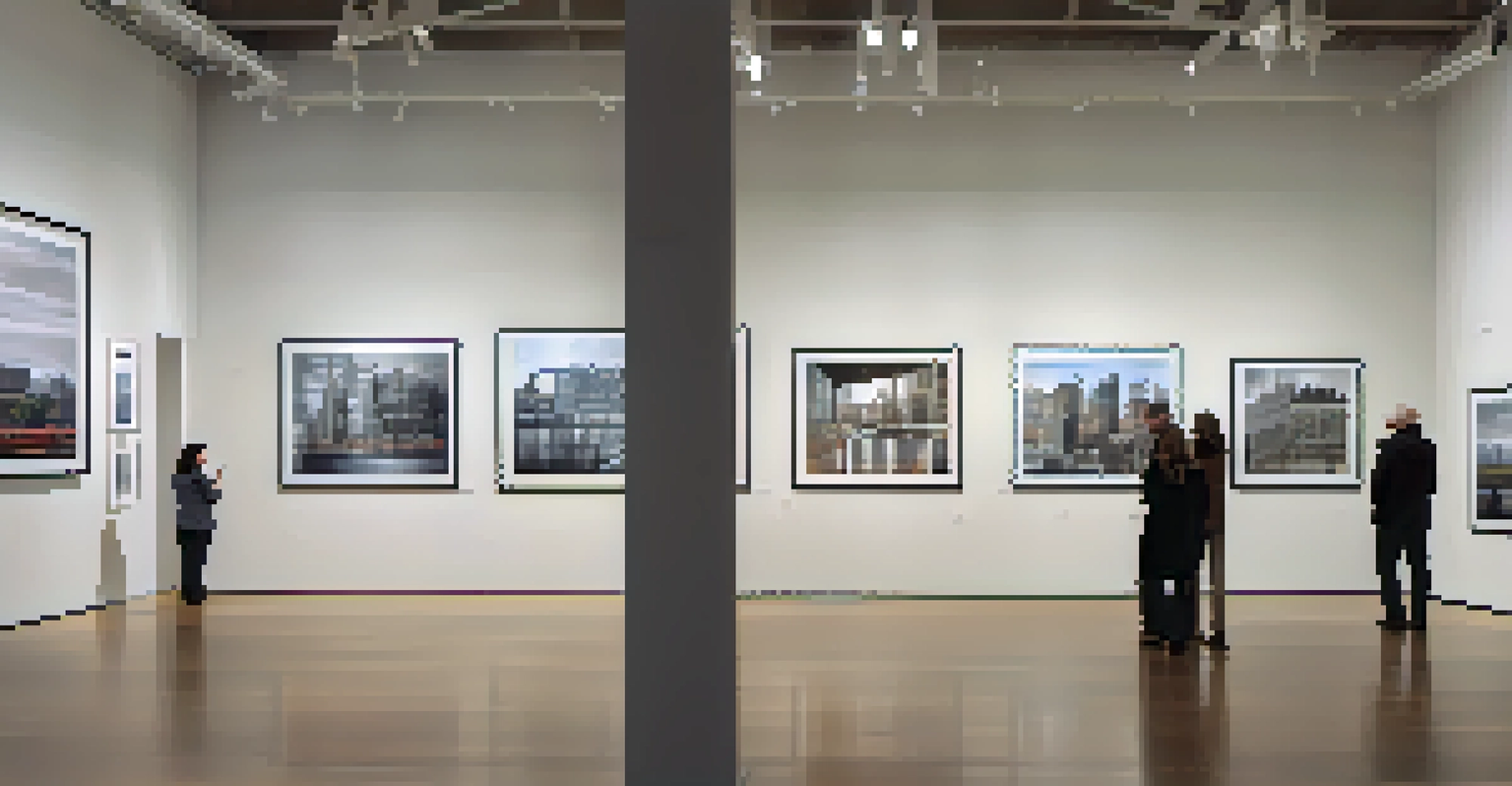 A contemporary photography exhibit featuring large prints of urban landscapes, displayed in a softly lit gallery with gray walls.