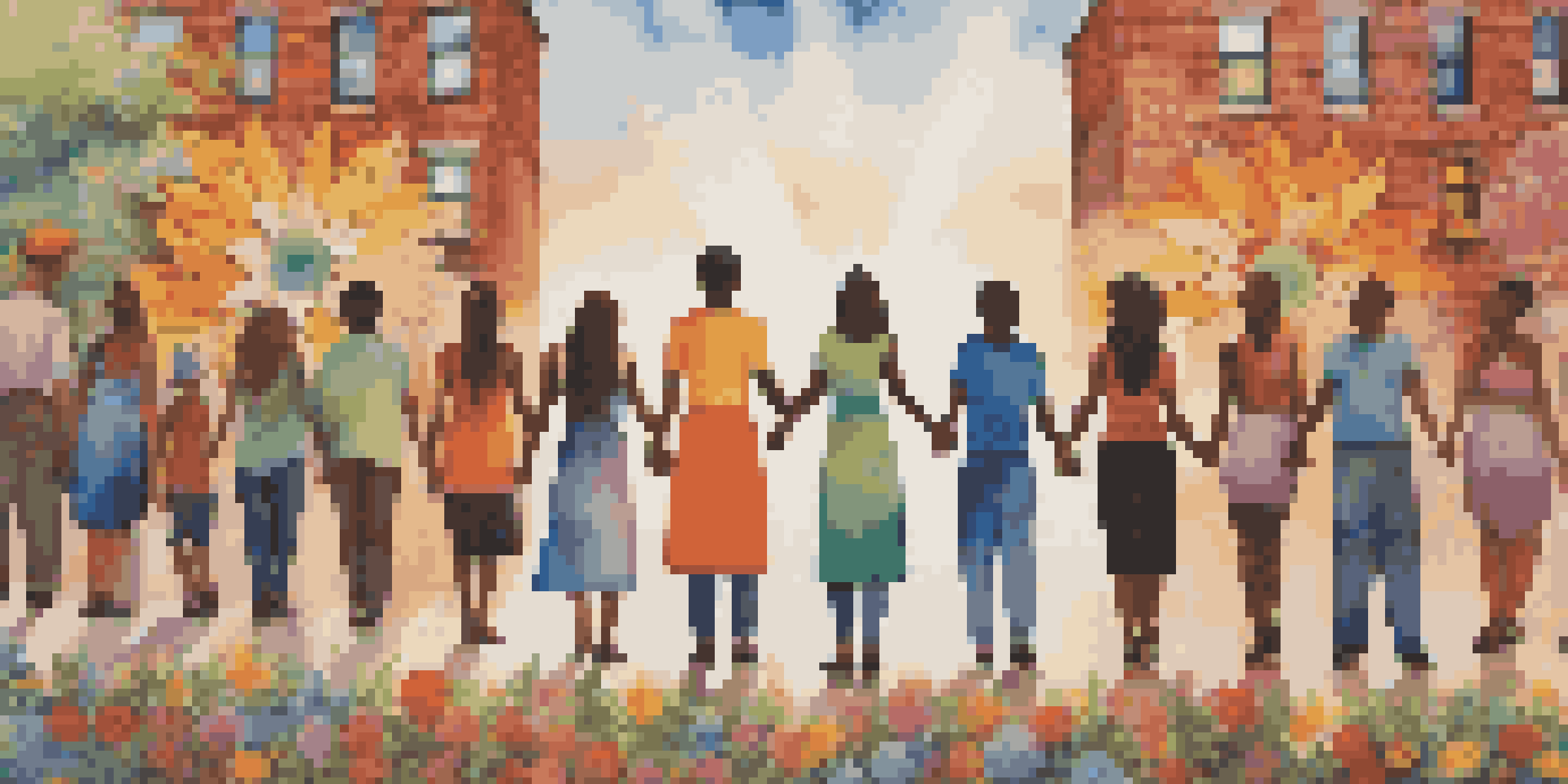 A mural on a brick wall showing diverse people holding hands amidst colorful flowers, symbolizing unity and hope.