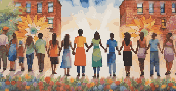 A mural on a brick wall showing diverse people holding hands amidst colorful flowers, symbolizing unity and hope.