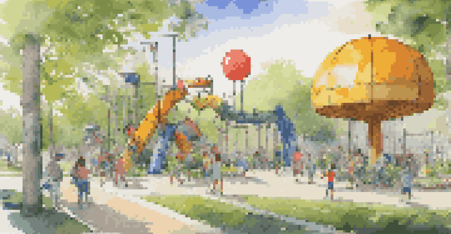 An outdoor art installation with large, colorful recycled sculptures where people are interacting and enjoying the playful atmosphere in the park.