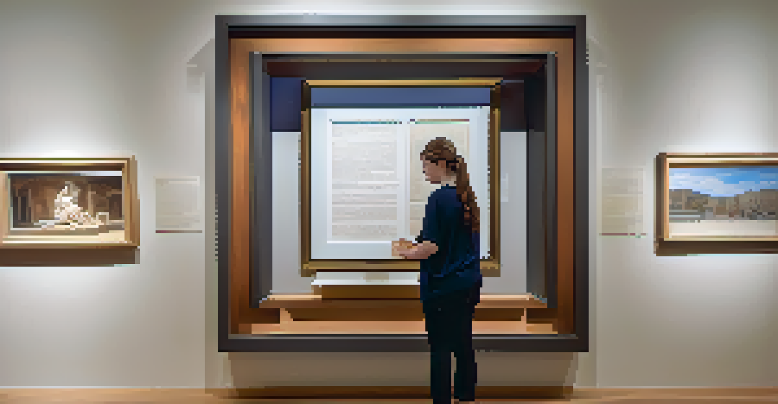 An individual with a visual impairment touches a sculpture in a museum, with braille plaques visible.