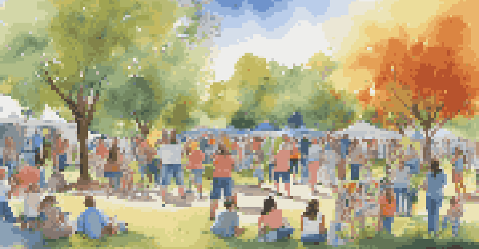 Families and local artists collaborating on a large mural in a park, surrounded by trees and a clear sky.