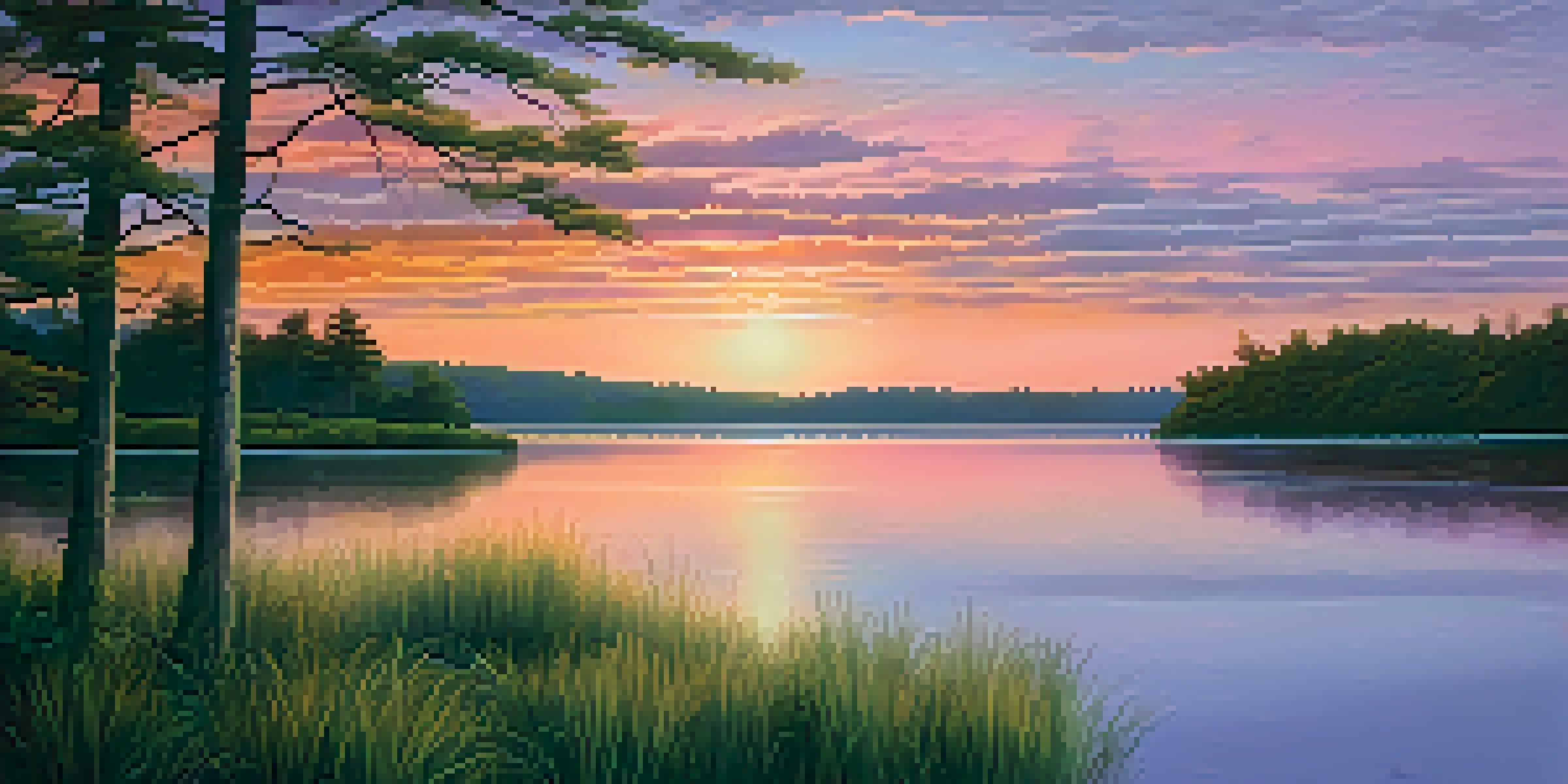 A beautiful sunset reflected in a calm lake, surrounded by green trees.