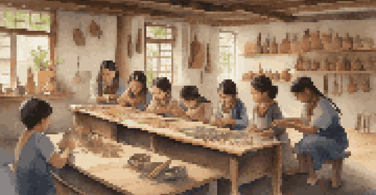 An elder teaching children traditional craft-making in a warm, inviting workshop filled with colorful materials.