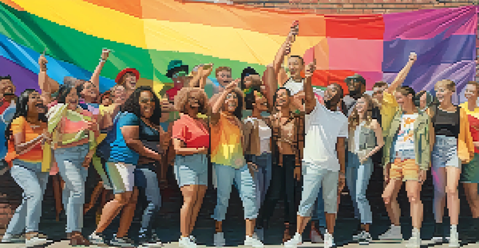 A colorful mural featuring a diverse group of LGBTQ+ individuals celebrating pride in an urban environment, illuminated by sunlight.
