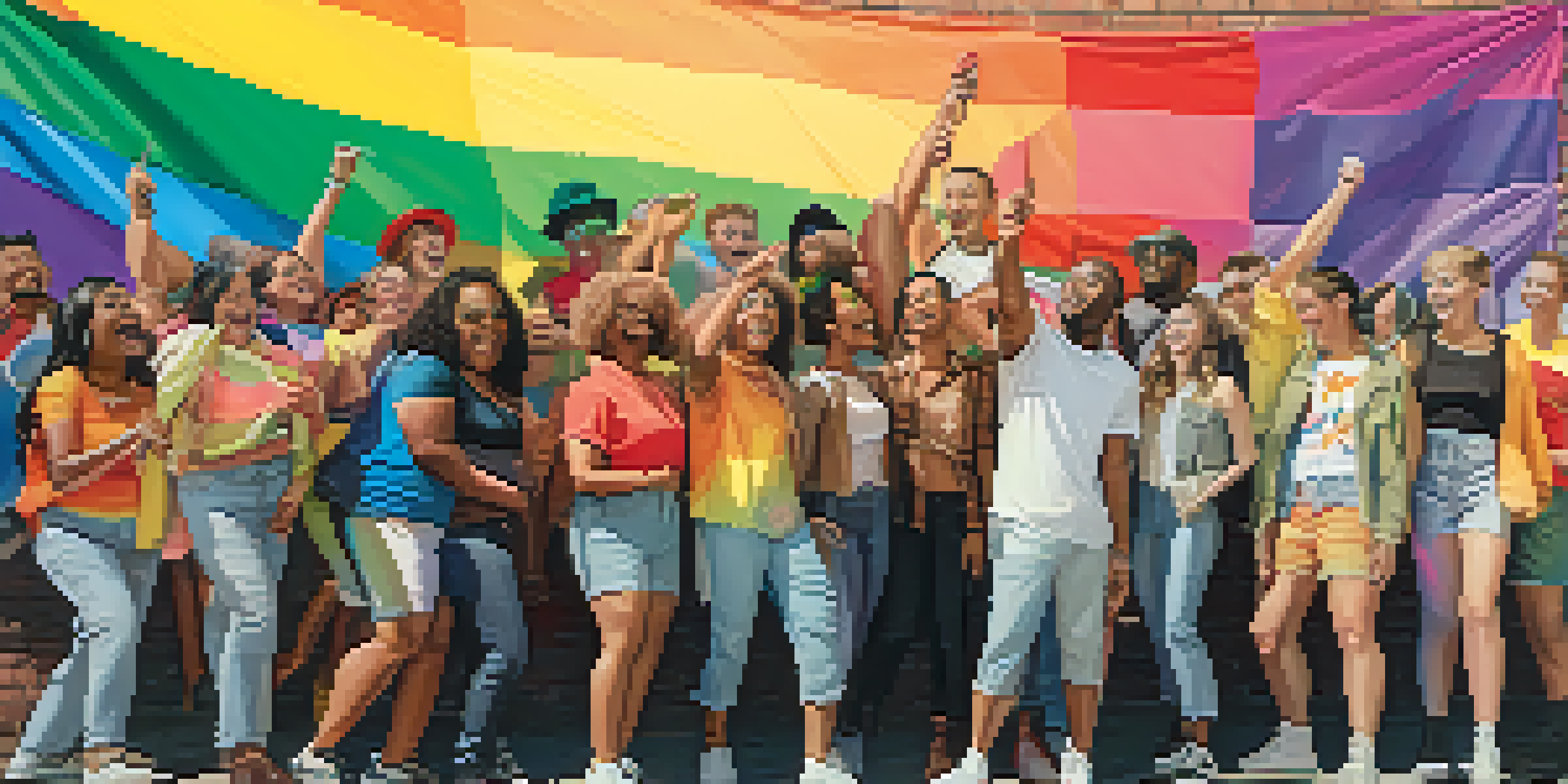 A colorful mural featuring a diverse group of LGBTQ+ individuals celebrating pride in an urban environment, illuminated by sunlight.