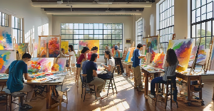 A diverse group of people in an art workshop, painting on canvases with colorful brushes, surrounded by art supplies and illuminated by natural light.