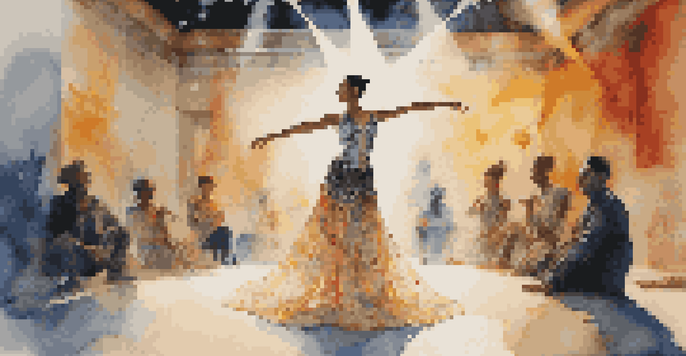 A performance artist in a colorful costume on stage, with abstract projections in the background and an engaged audience in the foreground.