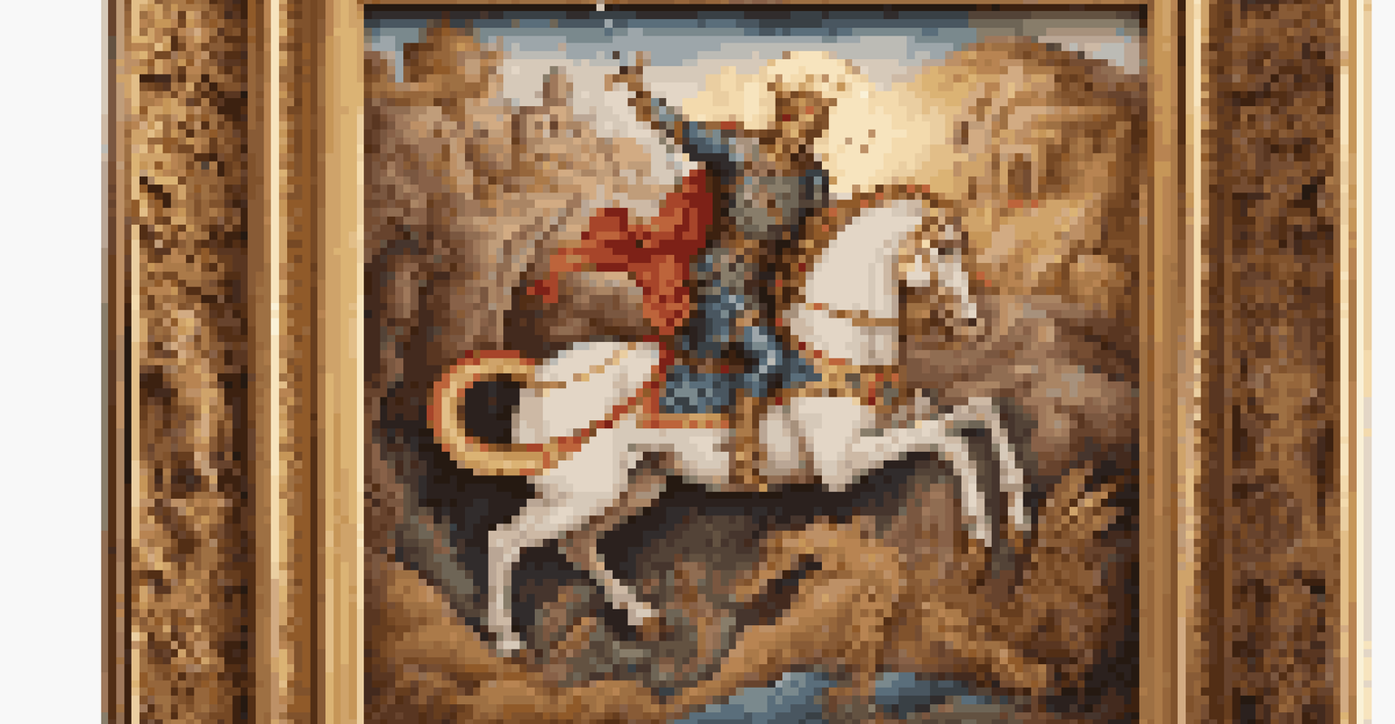 A close-up view of an icon depicting Saint George with vibrant colors and intricate details set against a gold leaf background.