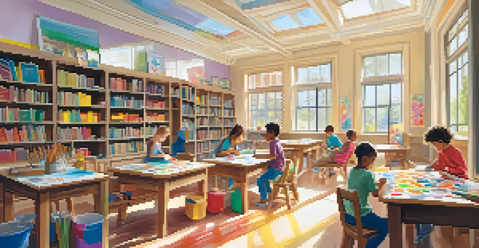 Children participating in an art workshop in a library, surrounded by books and colorful art supplies.