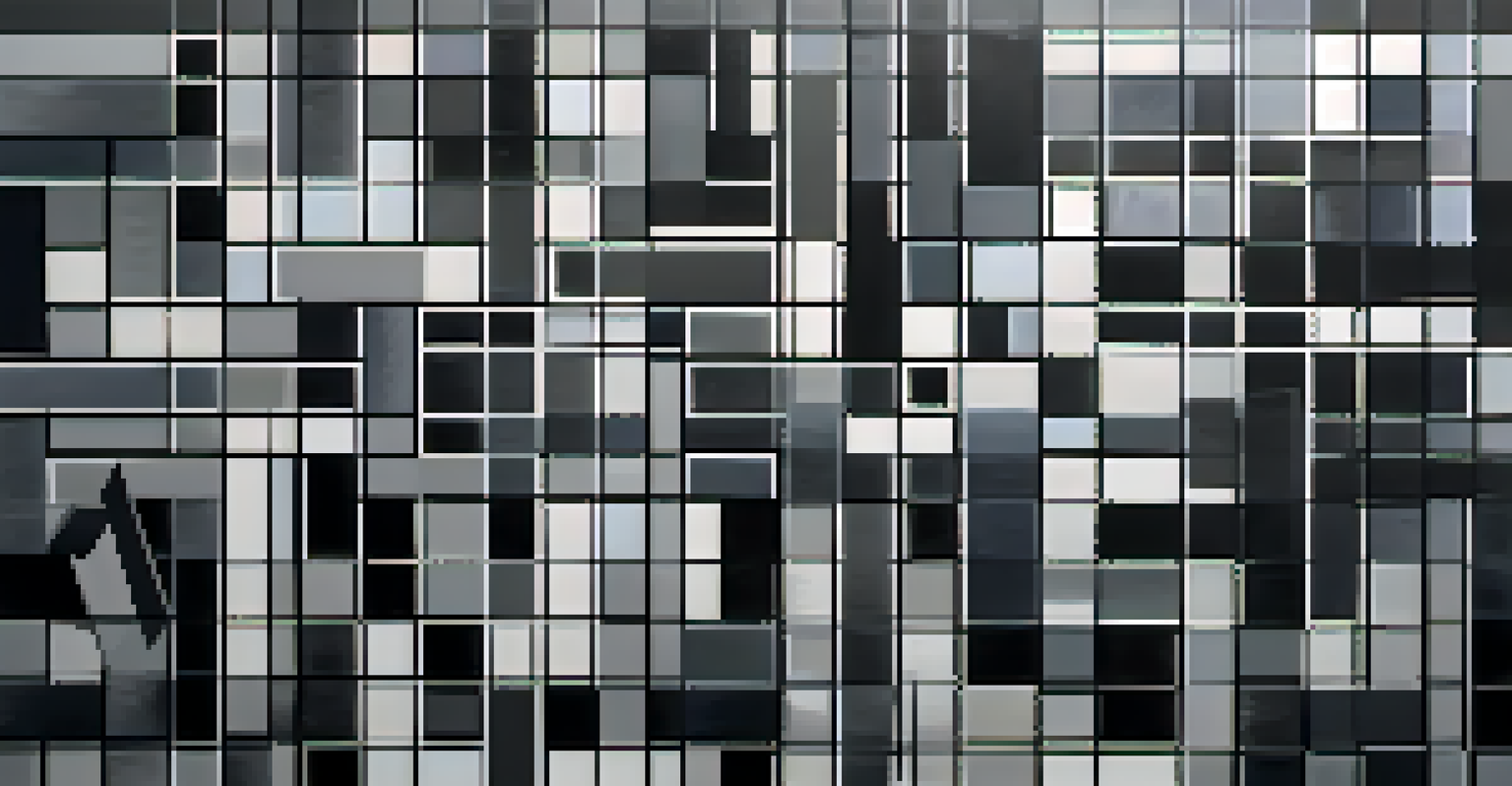 An abstract geometric composition with translucent grey shapes on a black background.
