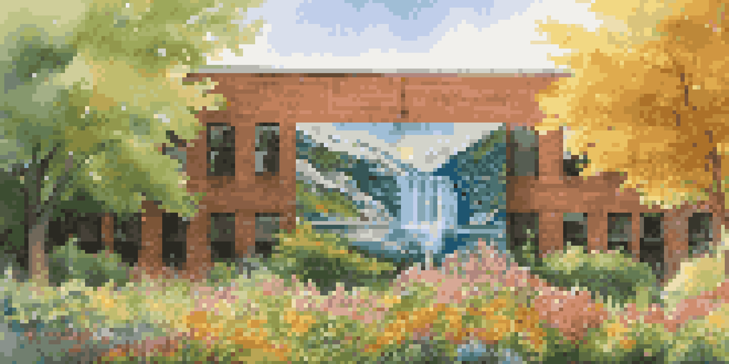 A large mural showing a melting glacier against a green background, surrounded by flowers and trees, illuminated by sunlight.