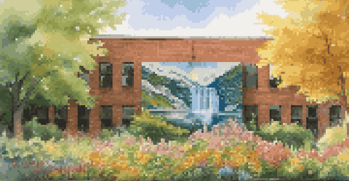 A large mural showing a melting glacier against a green background, surrounded by flowers and trees, illuminated by sunlight.