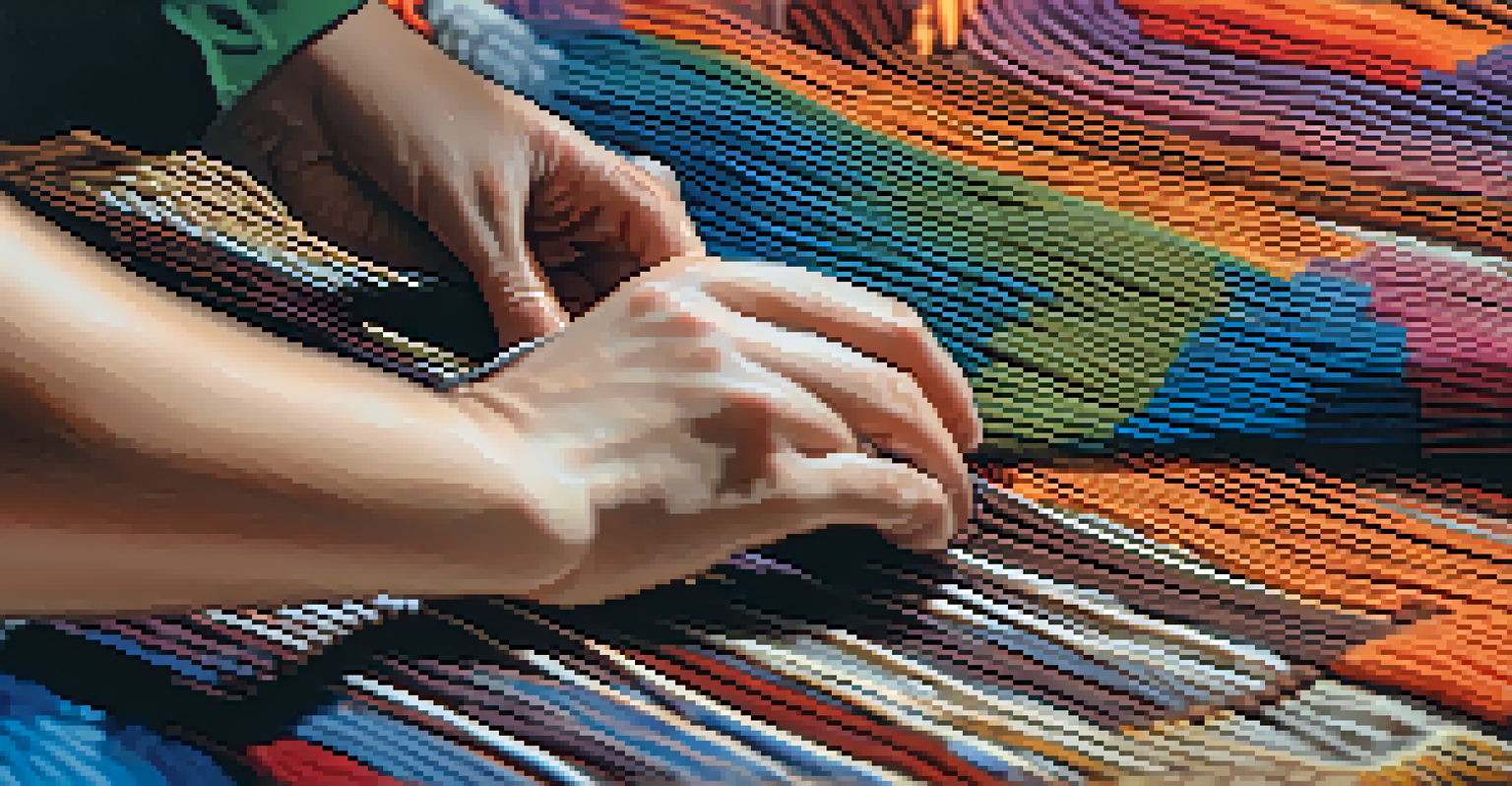 Detailed close-up of a colorful textile artwork created by a female artist, focusing on the intricate patterns and textures.