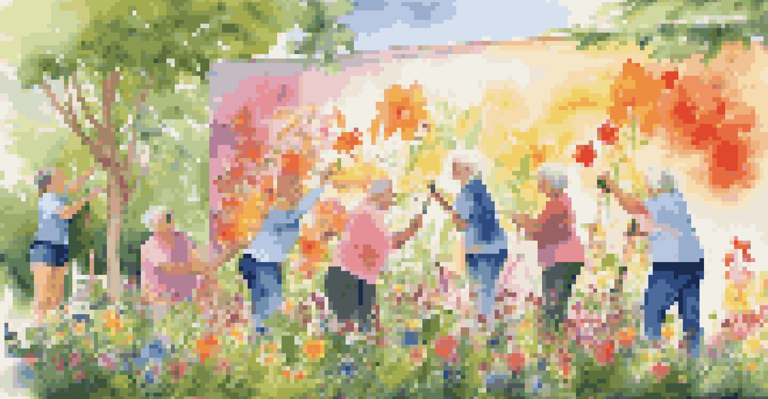 Seniors collaborating on a large mural outdoors, painting with bright colors in a garden setting.