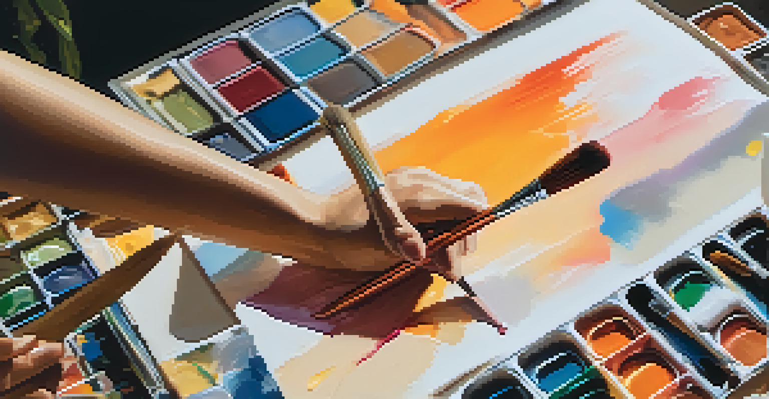 A hand holding a paintbrush above a colorful abstract canvas made with biodegradable paint, surrounded by sustainable art supplies.