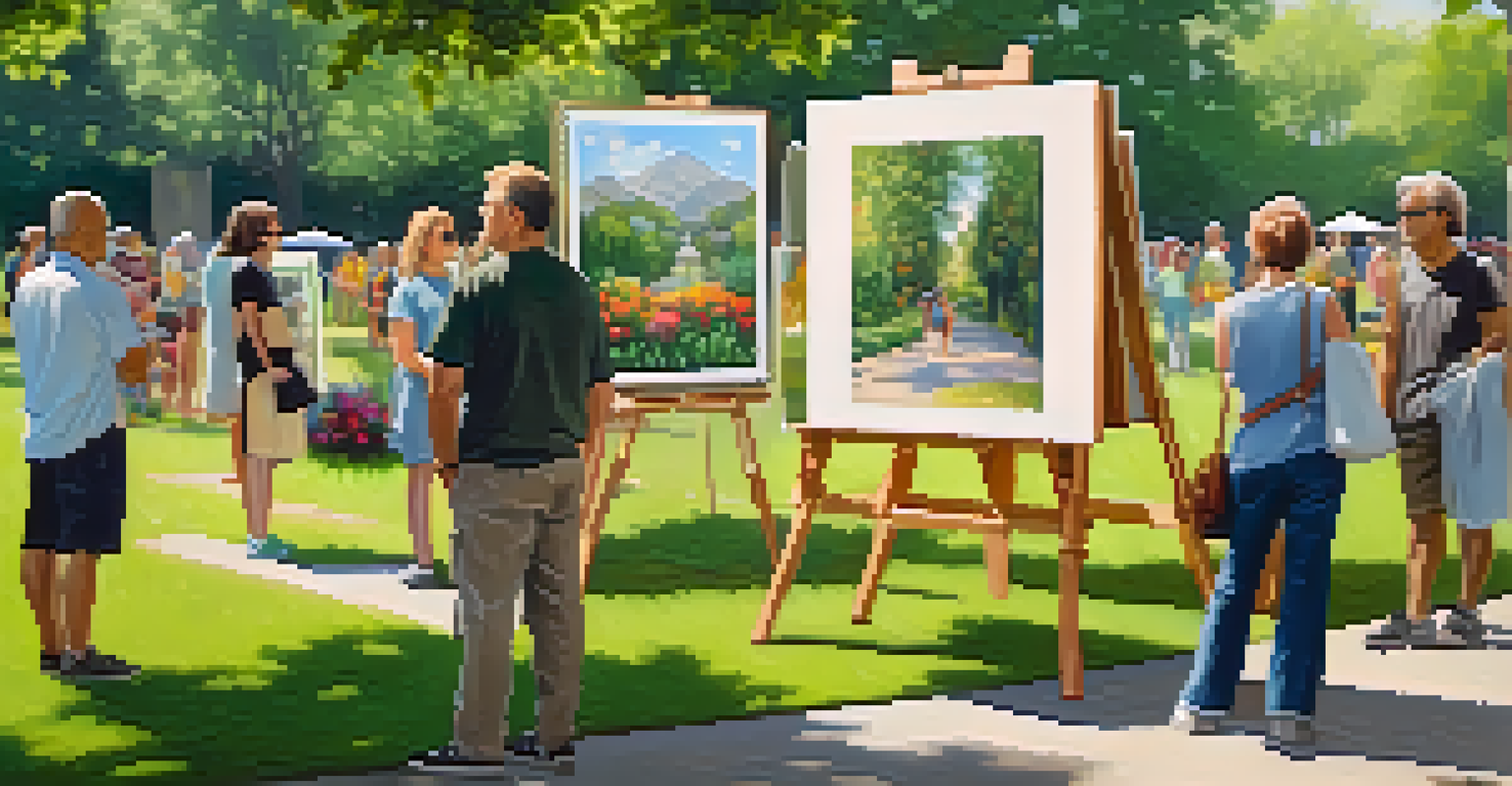An outdoor art exhibition in a park with diverse artworks and visitors engaging with the art.