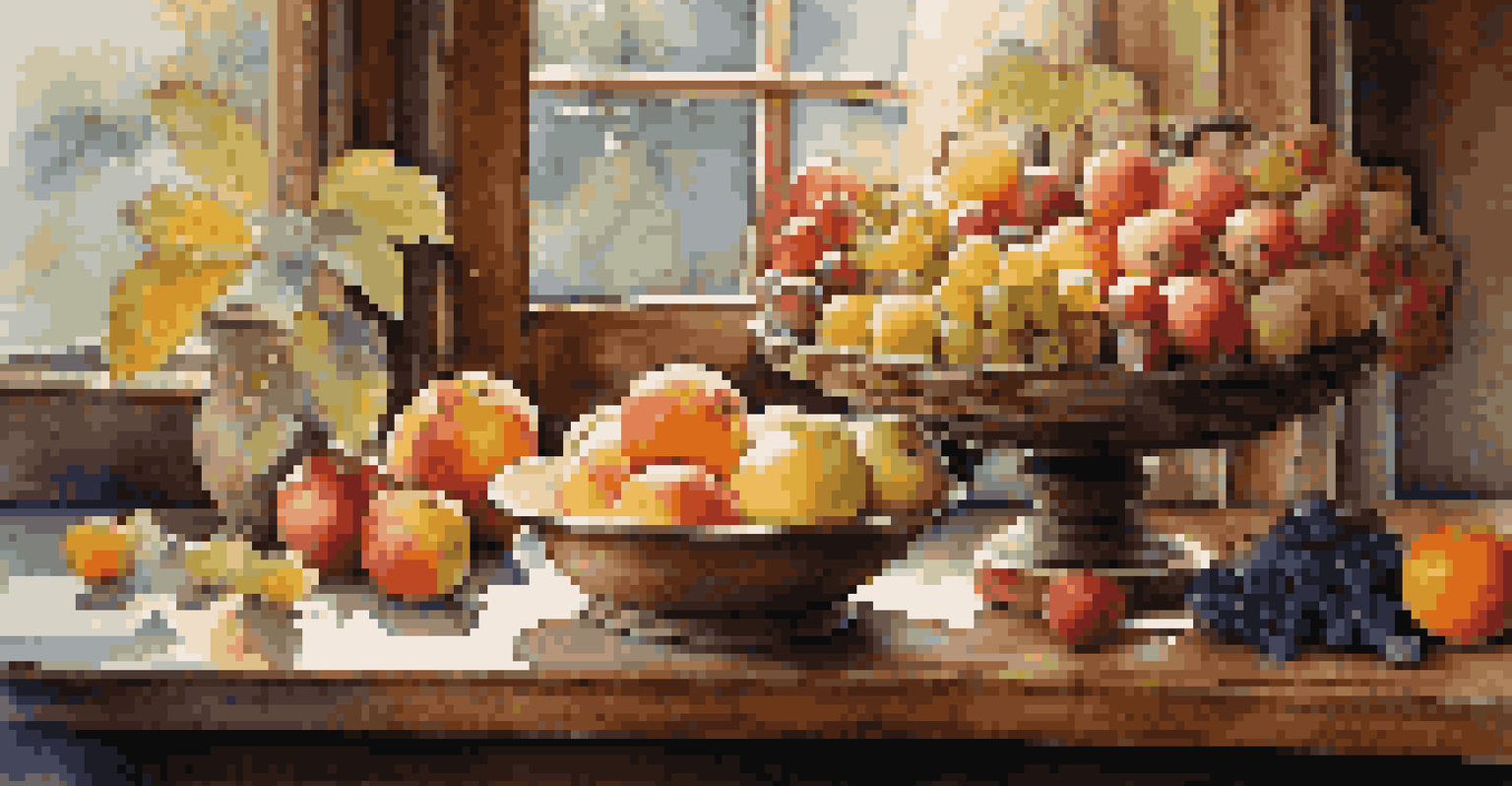 A still life of fresh fruits on a vintage wooden table, illuminated by natural light.