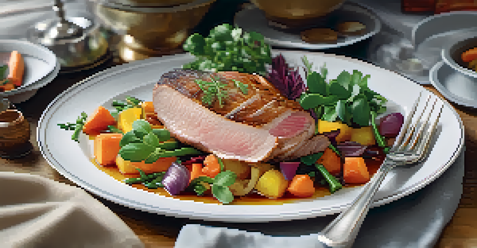 A French dish of seared duck breast garnished with herbs and colorful vegetables, beautifully plated on a white dish with soft lighting.