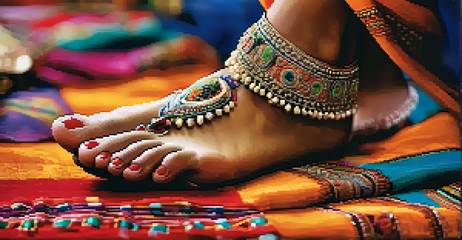 A close-up of a dancer's feet in traditional Indian dance, with intricate jewelry and colorful fabric, and traditional instruments blurred in the background.