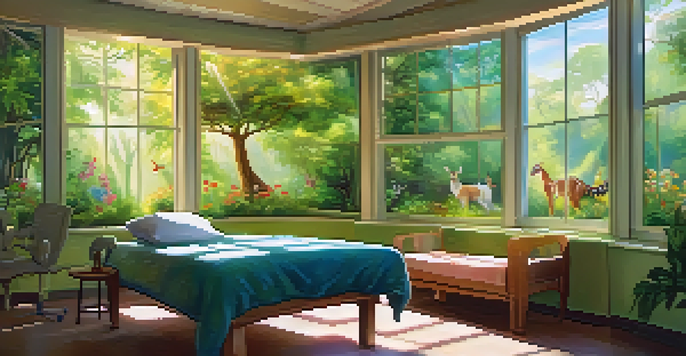 A bright hospital room with a large window and a calming forest mural, where a patient sits peacefully in a chair, appreciating the artwork.
