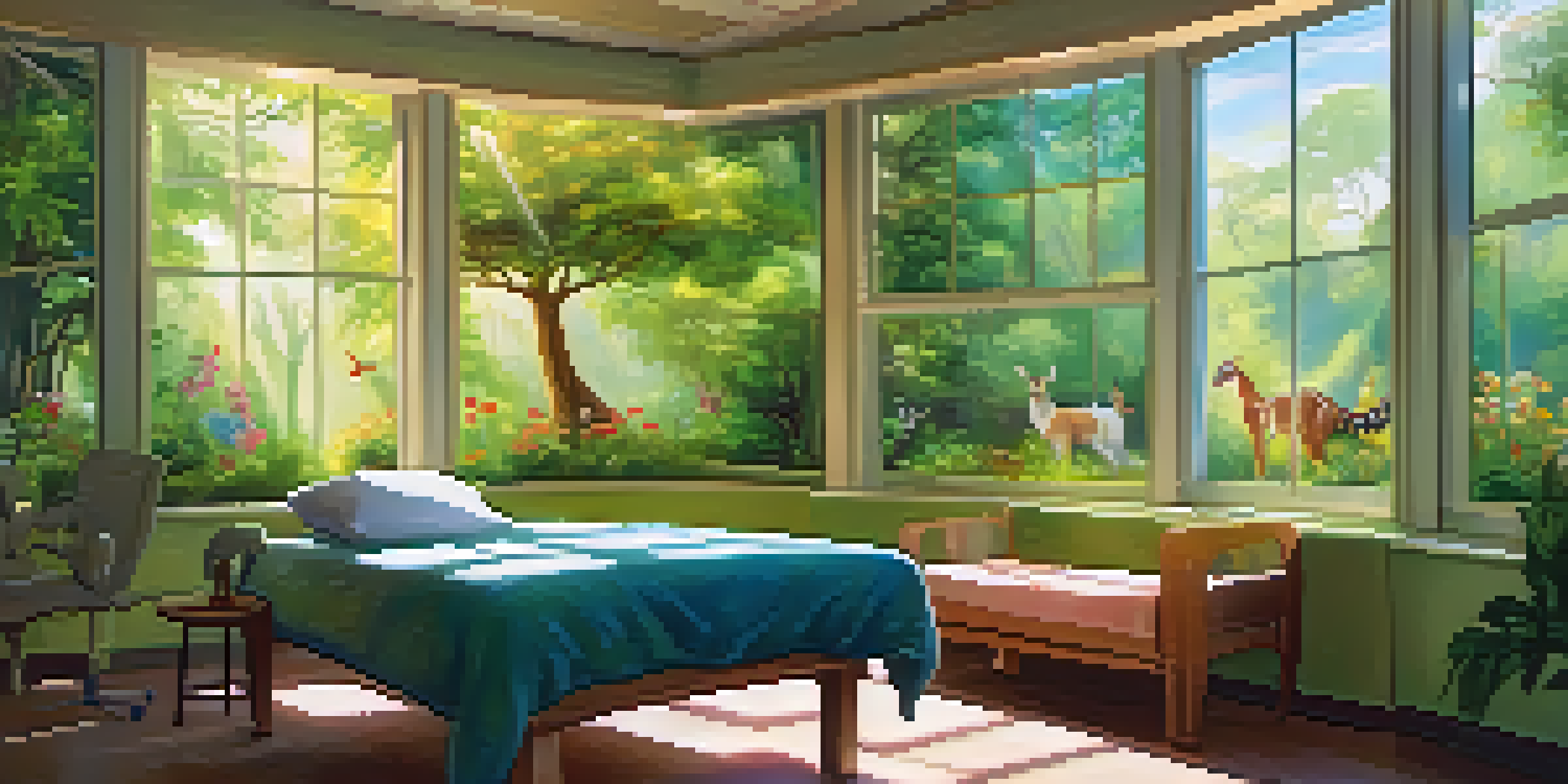 A bright hospital room with a large window and a calming forest mural, where a patient sits peacefully in a chair, appreciating the artwork.