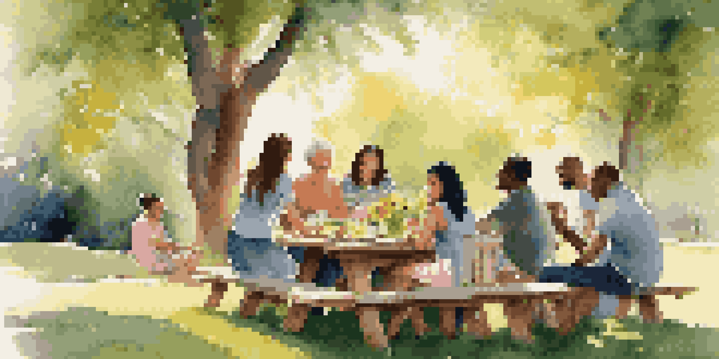A diverse family gathering in a sunlit garden, featuring happy individuals sharing stories around a picnic table surrounded by colorful flowers.