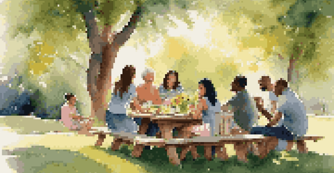 A diverse family gathering in a sunlit garden, featuring happy individuals sharing stories around a picnic table surrounded by colorful flowers.