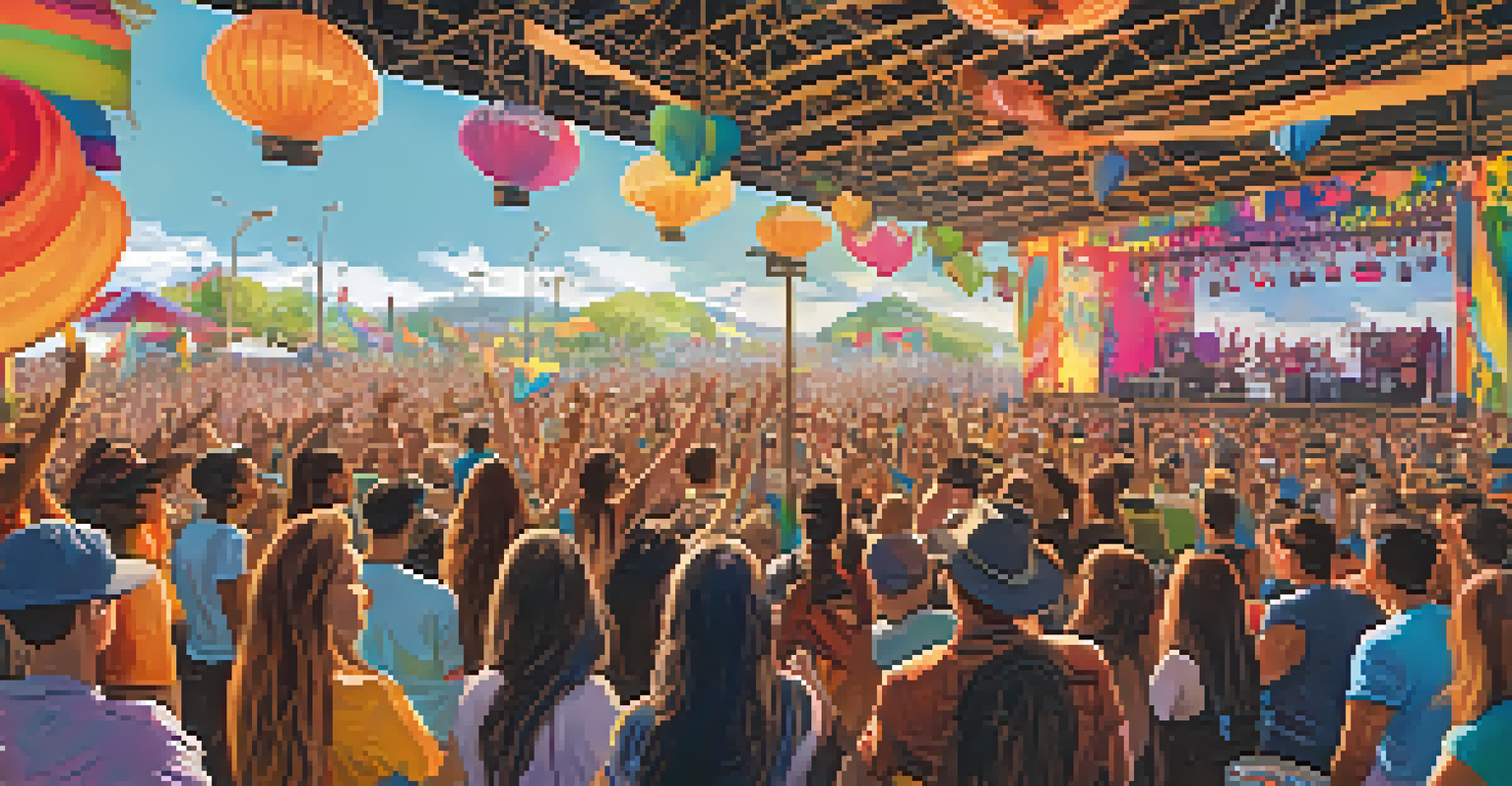 A lively music festival with musicians and an engaged audience holding environmental banners.