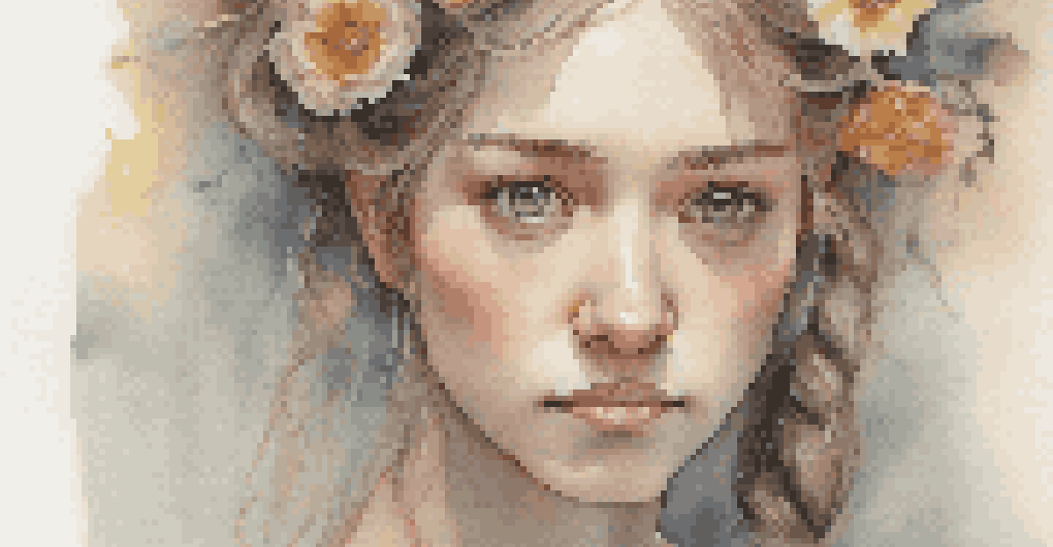 A close-up portrait of a woman with expressive emotions, illuminated by soft natural light and adorned with flowers in her braid.