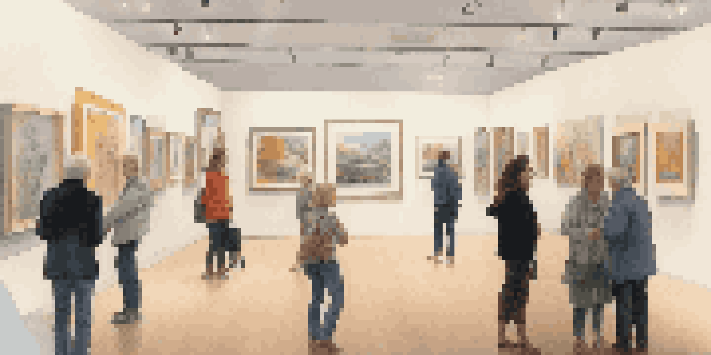 A diverse group of visitors exploring an art gallery filled with contemporary artworks, illuminated by natural light.
