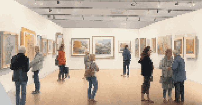 A diverse group of visitors exploring an art gallery filled with contemporary artworks, illuminated by natural light.