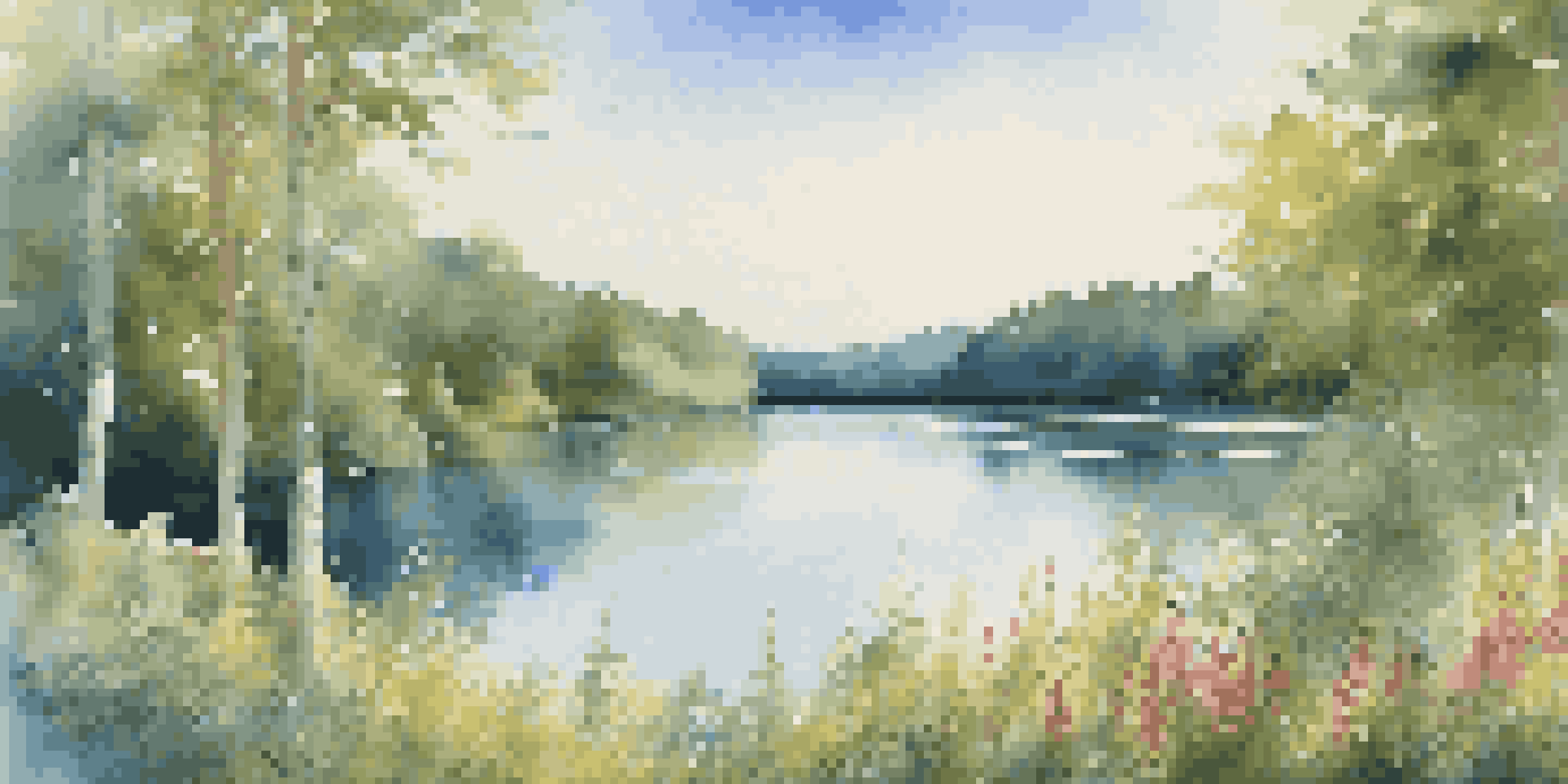 A peaceful lake surrounded by green forests and blooming wildflowers, with sunlight reflecting off the water under a clear blue sky.