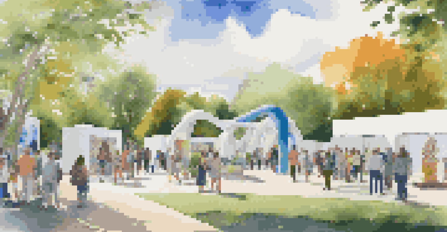 An outdoor art exhibition in a park with large sculptures and visitors enjoying the event.