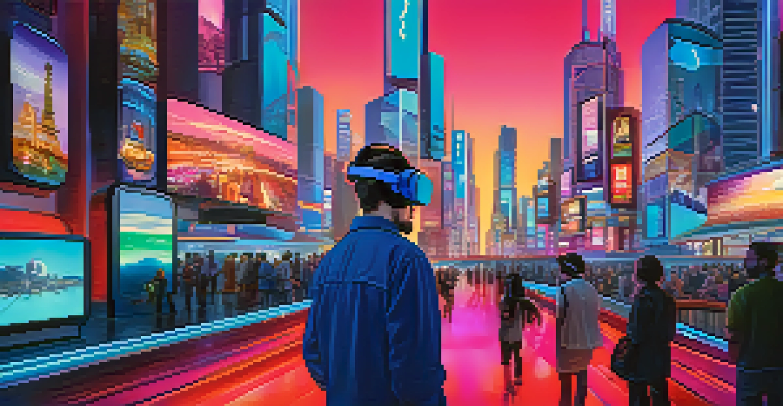 A futuristic scene with virtual reality elements and digital art displays against a neon city backdrop.