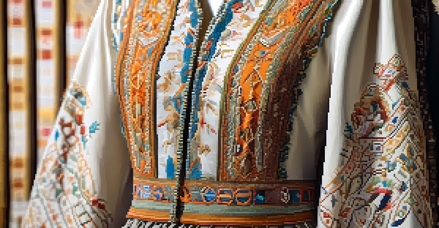 A close-up of a garment with intricate embroidery of cultural symbols on a mannequin, highlighting the fabric's textures.