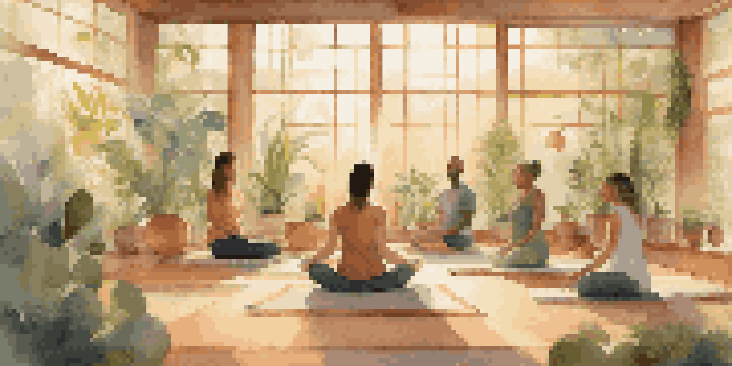 A peaceful sound bath environment with people sitting on yoga mats around calming instruments, illuminated by soft light.