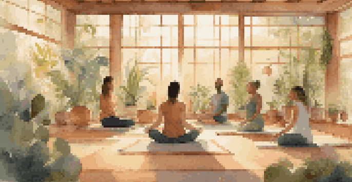 A peaceful sound bath environment with people sitting on yoga mats around calming instruments, illuminated by soft light.