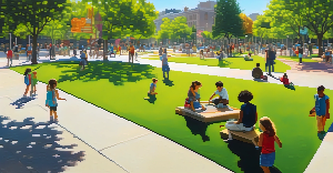 A lively urban park showcasing colorful public art with diverse sculptures and murals, sunny day with people interacting and children playing.