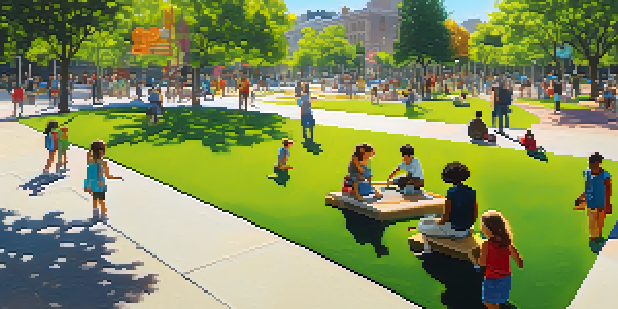 A lively urban park showcasing colorful public art with diverse sculptures and murals, sunny day with people interacting and children playing.